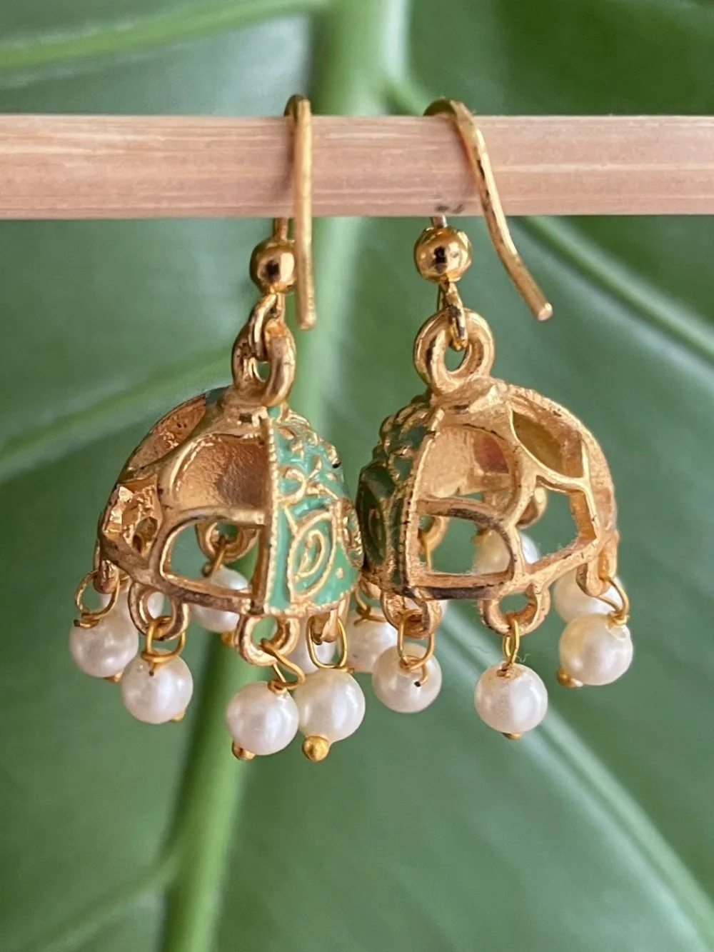 Pastel Mint Green Meenakari Jhumka Earrings with Pearl Drops Gold - Picture 3 of 5